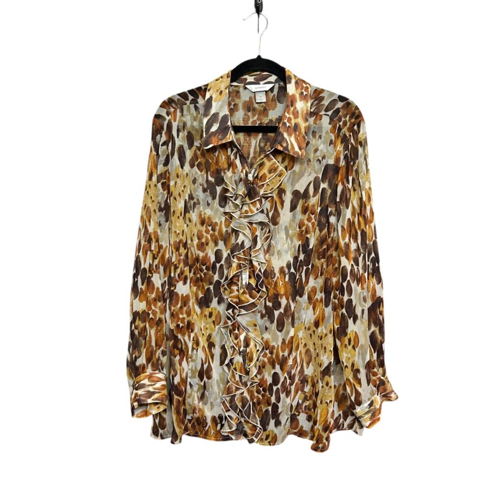 Cj Banks Brown Gold Ruffle Button Front Semi Sheer Blouse Plus Size 3X